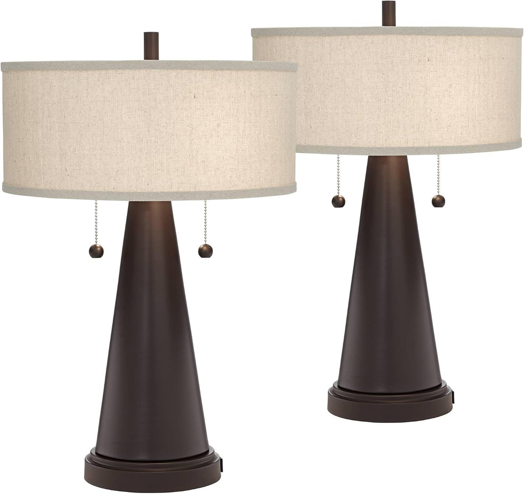 Franklin Iron Works Craig 23' Tall Rustic Farmhouse Accent Set of 2 Table Lamps with USB Ports A+C Charging Bronze Metal Natural Drum Shade for Bedroom Living Room House Desk Bedside Nightstand