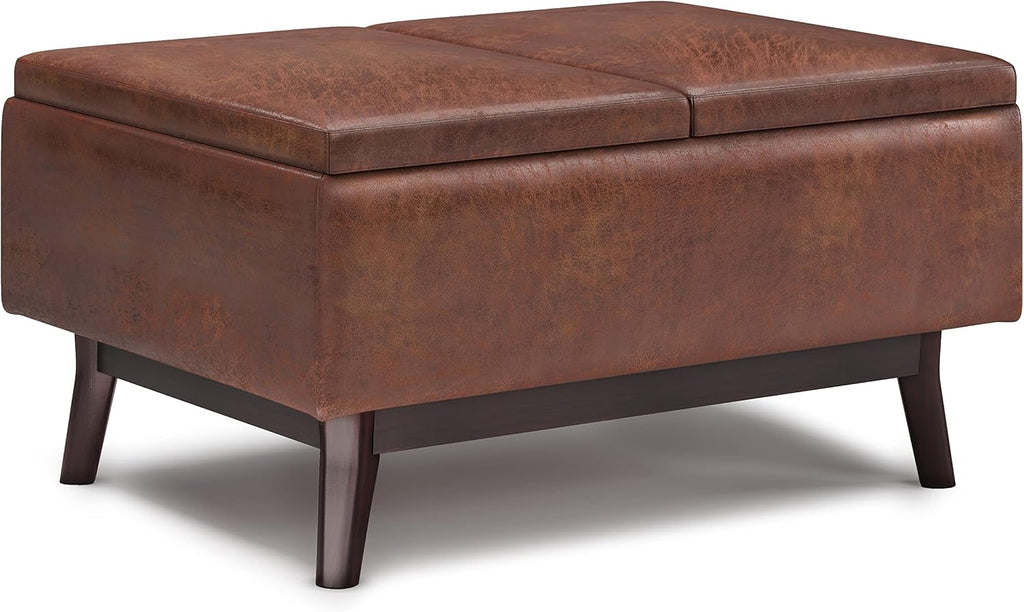 SIMPLIHOME Owen Tray Top Small Coffee Table Storage Ottoman - 34 inch Wide Upholstered Vegan Leather Rectangular Flip-Top Ottoman in Distressed Saddle Brown, Mid-Century Modern Ottoman for Living Room