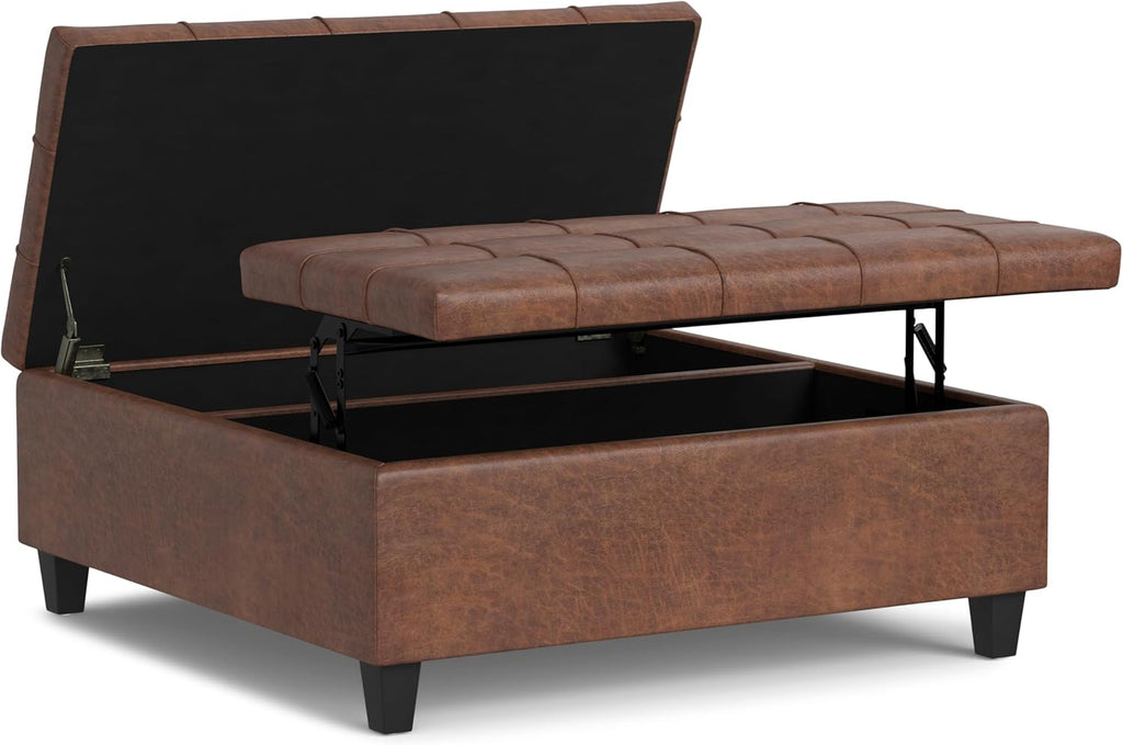 SIMPLIHOME Harrison Large Coffee Table Storage Ottoman - 40 inch Wide Upholstered Vegan Leather Square Lift-Top Ottoman in Distressed Saddle Brown, Transitional Bench for Living Room with Sturdy Base