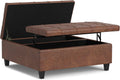 SIMPLIHOME Harrison Large Coffee Table Storage Ottoman - 40 inch Wide Upholstered Vegan Leather Square Lift-Top Ottoman in Distressed Saddle Brown, Transitional Bench for Living Room with Sturdy Base