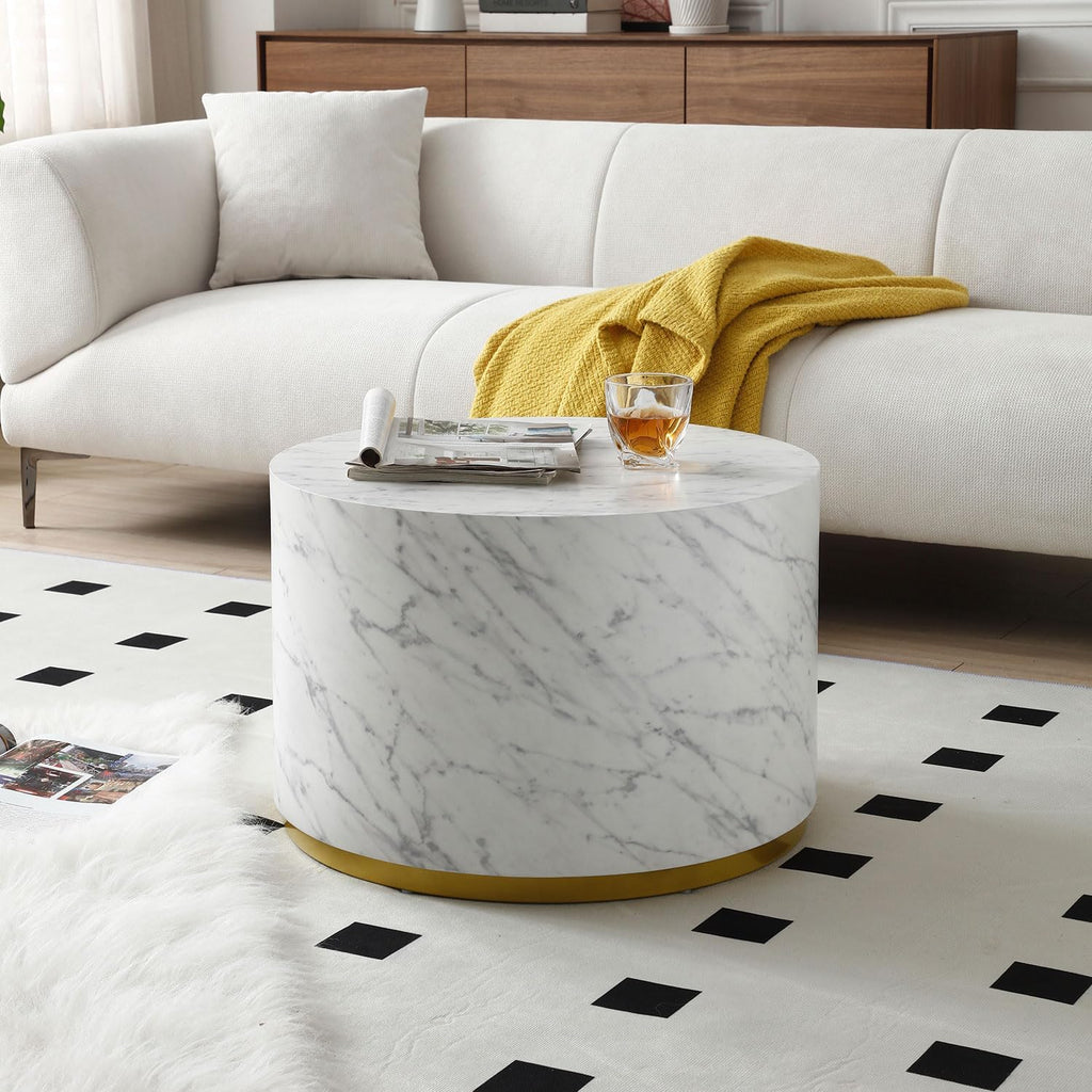 23.62' D Round Coffee Table Black End Table Side Table Living Room Table Sets, Industrial Cocktail Table, Circle Drum Wood Modern Contemporary Coffee Table for Apartment Office, White & Gold