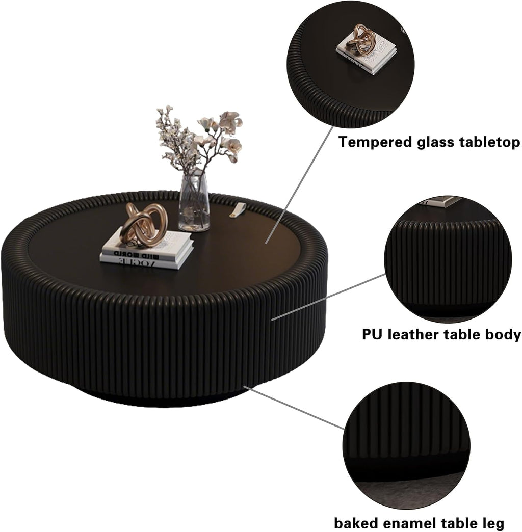 Black Round Fluted Coffee Table with Hidden Storage, 31.5' Drum Coffee Table with Tempered Glass Top, PU Leather Body, Baked Enamel Metal Base, Modern Minimalist Circle Tea Table