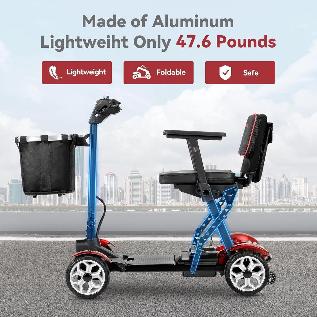 Wheelwavi Lightweight Mobility Scooter for Seniors, 20-25 Miles Portable Mobility Scooter for Travel, Removable Lithium Battery, Scooter for Adults with 330 lbs Capacity LED Headlights-RED