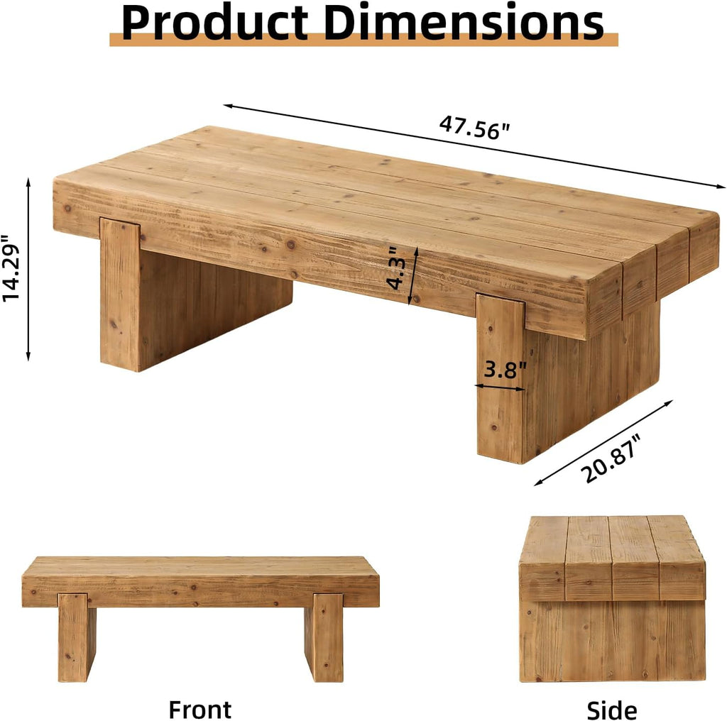 SSLine Solid Wood Coffee Table 47.6-Inch Rectangular Coffee Table for Living Room,Farmhouse Cocktail Center Tables with Thicken Top and Sturdy Legs,Natural Brown