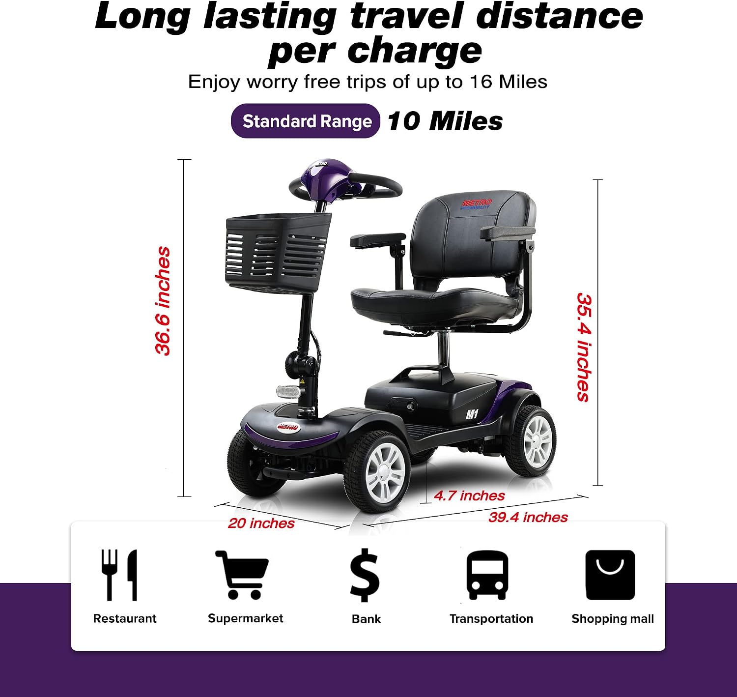4 Wheel Metro Mobility Scooter for Adults-Motorized Scooter for Seniors-300 lbs Max Weight Capacity-Long Range and Removable Battery-300W Powerful Motor-M1 Purple