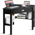GOFLAME Computer Corner Desk, Wood Compact Home Office Writing Workstation with Drawer and Shelves, Laptop PC Corner Table for Small Space Home Office, Black