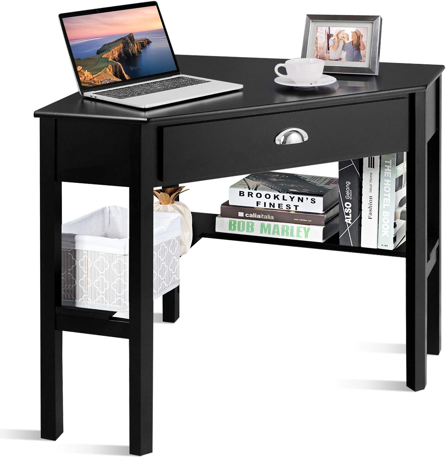 GOFLAME Computer Corner Desk, Wood Compact Home Office Writing Workstation with Drawer and Shelves, Laptop PC Corner Table for Small Space Home Office, Black