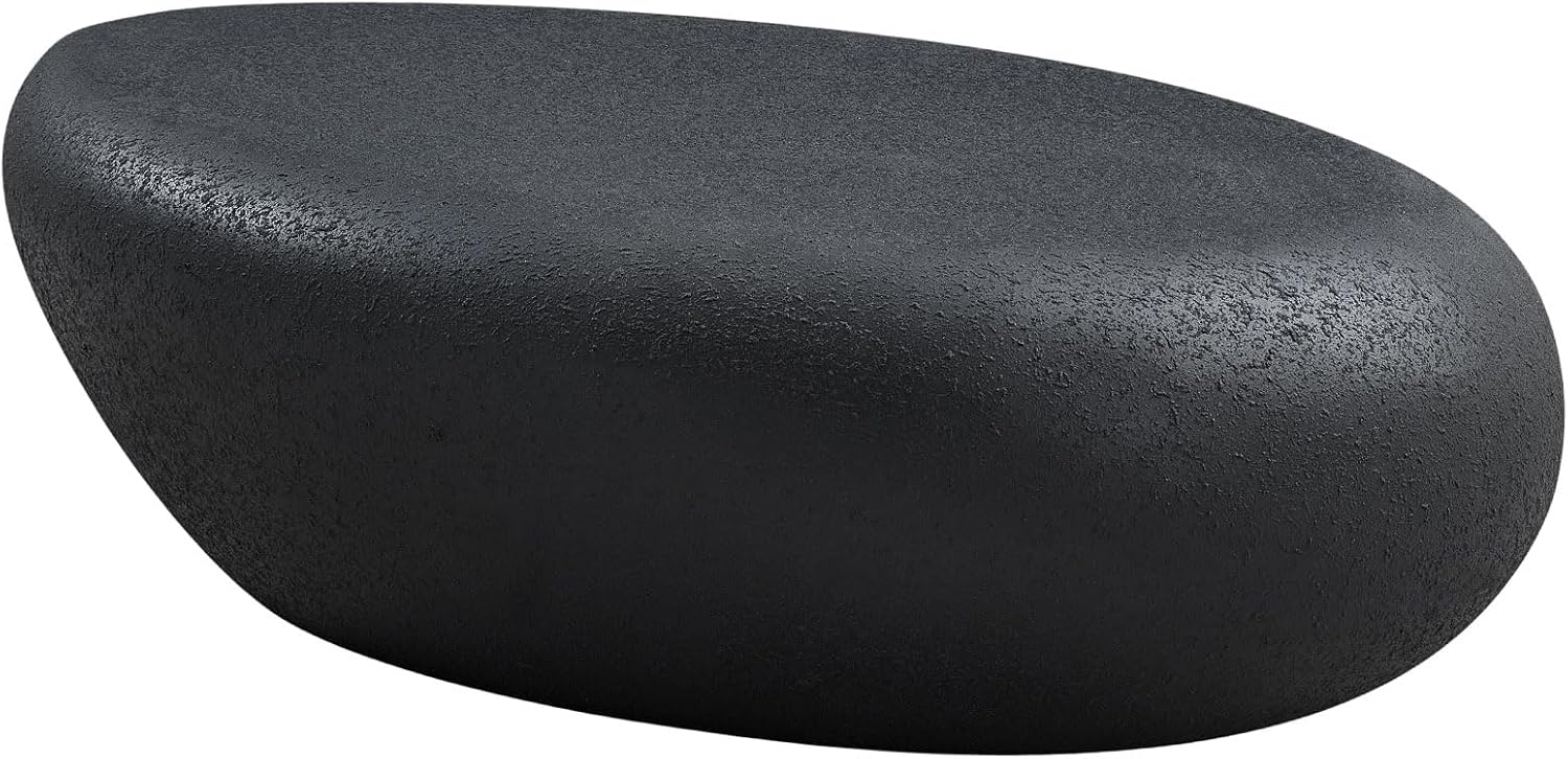 WILLIAMSPACE 43.3' Oval Coffee Table with Grainy Matte Rocks Pattern, Modern Irregular Center Table, Drum Fiberglass Coffee Table Accent Side Table End Table for Living Room (Black)