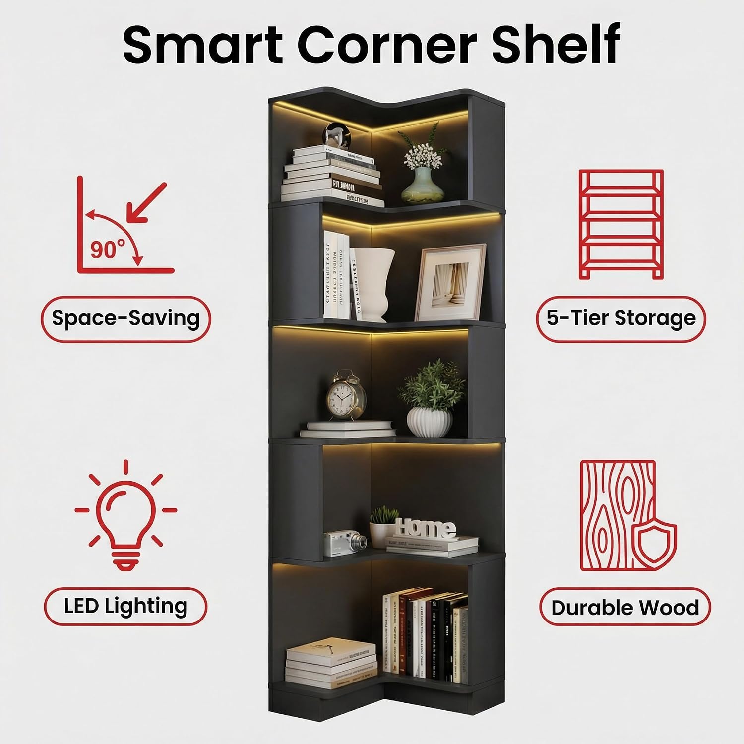 Corner Bookshelf, 5 Tier Tall Corner Bookcase with LED Lights, Freestanding L Shaped Open Display Shelf for Living Room, Bedroom, Home Office (Black)
