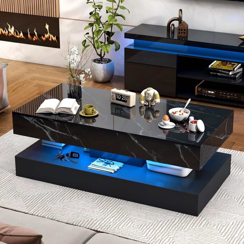 chartustriable 47.2' Large High-Glossy LED Coffee Table with 2 Sliding Drawers, Living Room Storage Coffee Tables with Marbling Print, Modern Stylish Double-Layer Center Tables w/LED Lights, Black