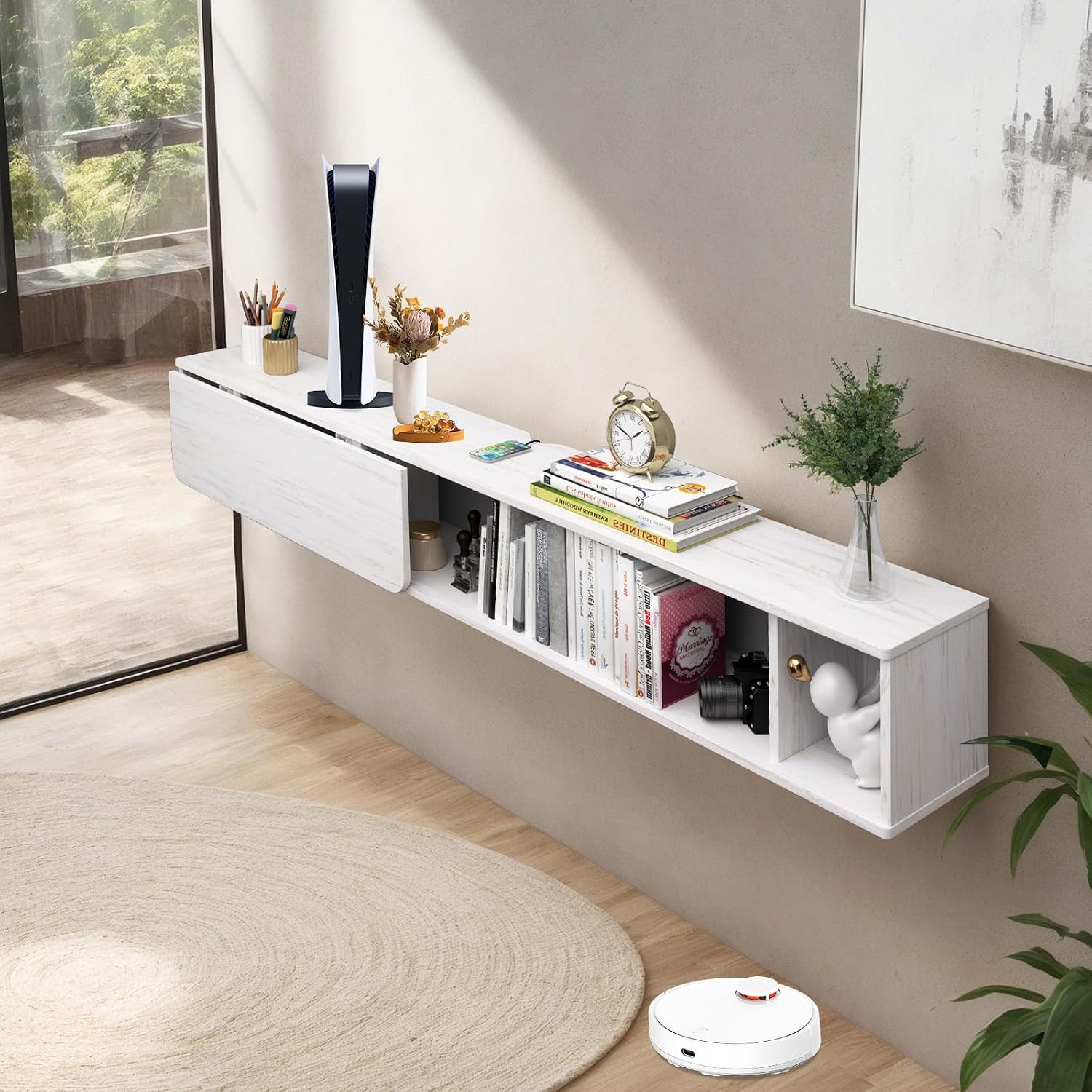 Pmnianhua 70'' Floating Desk with Storage Shelves,Wall Mounted Desk Laptop Computer Writing Study Table for Bedroom Small Space(White)