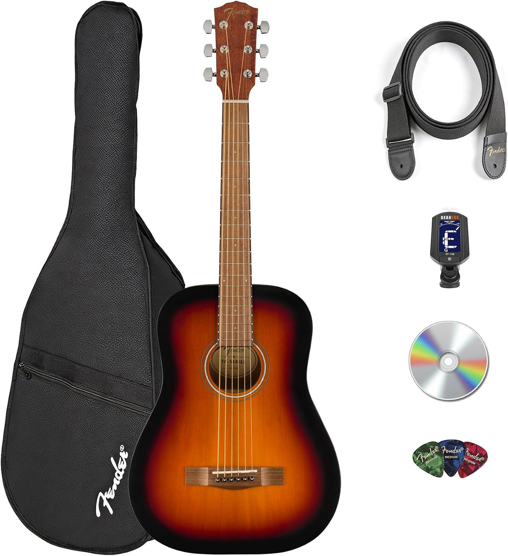 Fender California Standard Redondo Mini Acoustic Guitar - 3-Color Sunburst Bundle with Gig Bag, Tuner, Strap, Picks, and Austin Bazaar Instructional DVD