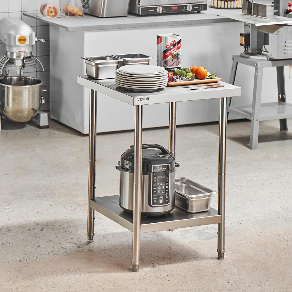 VEVOR Stainless Steel Prep Table, 24 x 24 x 34 Inch, 700 lbs Load Capacity, Heavy Duty Metal Worktable with 3 Adjustable Height Levels, Commercial Workstation for Kitchen Garage Restaurant Backyard