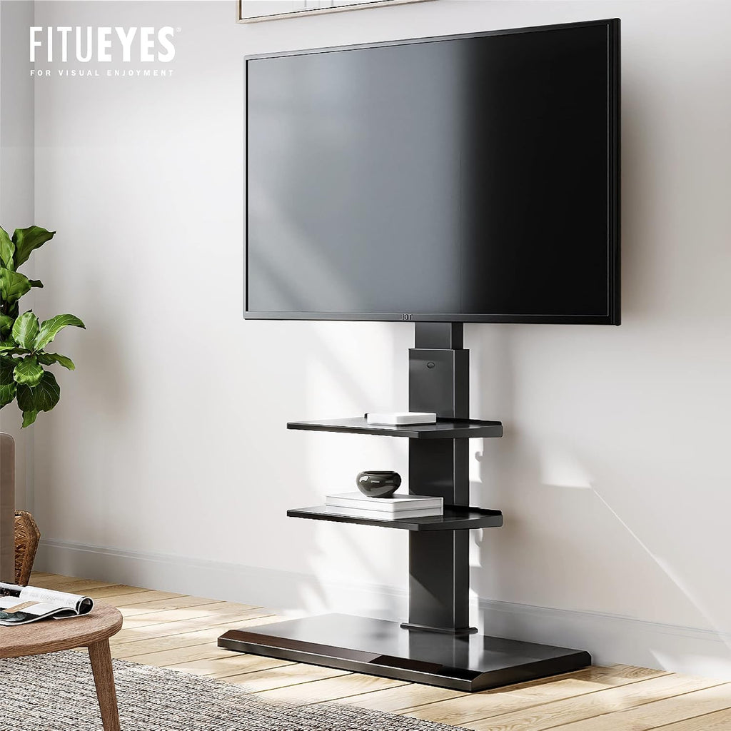 FITUEYES Iron Base Universal Floor TV Stand with Swivel Tilt, TV Mount Stand for 32-75 Inch Screens, Corner TV Stand with Height Adjustable Entertainment Shelves (Black)