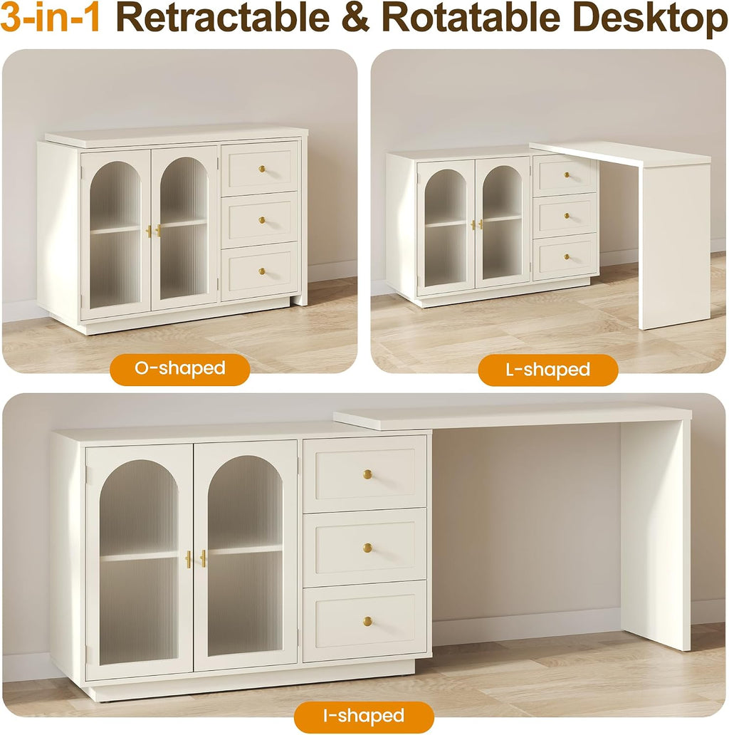 RoyalCraft L-Shaped Computer Desk with 3 Drawers, Extendable and Rotatable Corner Desk with Cabinet, Modern Study Table Writing Desk with Adjustable Shelves for Bedroom, Home Office (83')