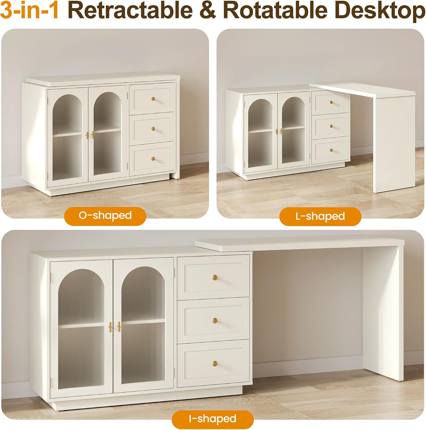 RoyalCraft L-Shaped Computer Desk with 3 Drawers, Extendable and Rotatable Corner Desk with Cabinet, Modern Study Table Writing Desk with Adjustable Shelves for Bedroom, Home Office (83')