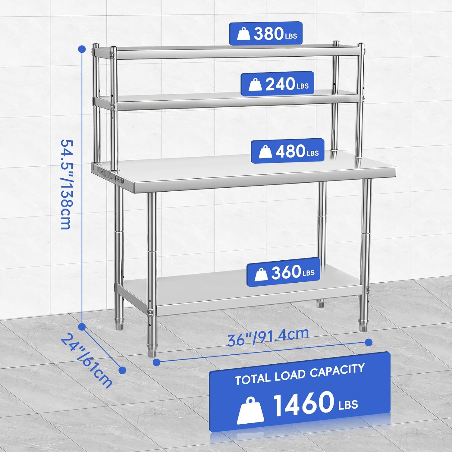 Garvee 36x24 in NSF Stainless Steel Prep Table with Adjustable Overshelves & Hooks – Commercial Kitchen Island for Restaurant, Home & Hotel, Heavy-Duty Workbench with Rust-Resistant Coating