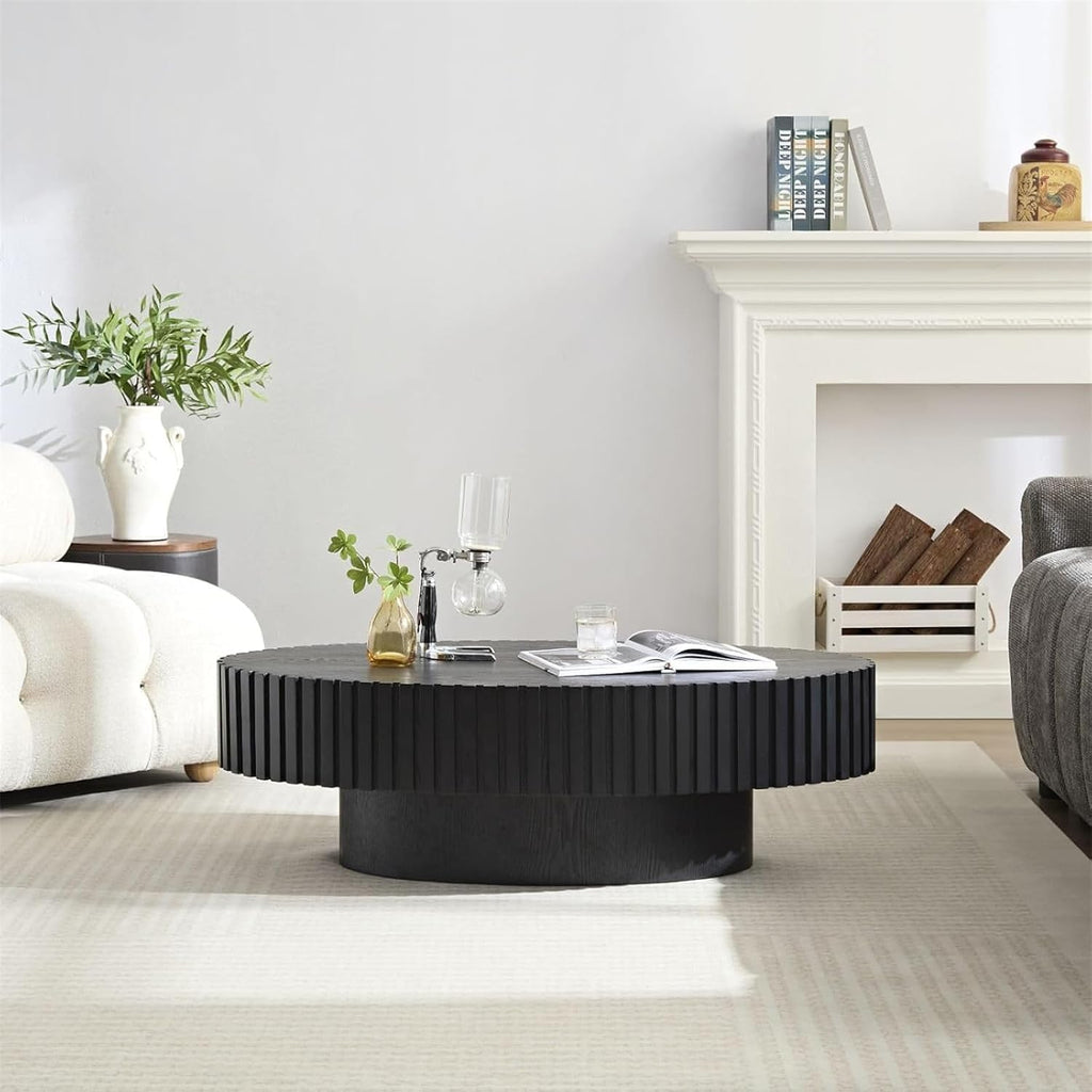 43.3' Oval Coffee Table for Living Room Oval Drum Fluted Coffee Table Modern Handcrafted Fluted Drum Coffee Tables for Living Room (Black)