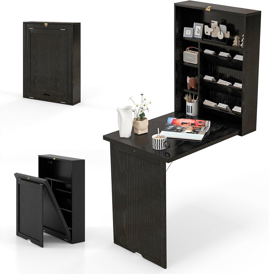 Tangkula Folding Wall Mounted Desk, Convertible Fold Out Floating Table with Storage Shelves, Space-Saving Drop Leaf Table, Murphy Desk for Craft, Study, Small Spaces, Home Office, Dorm, Black