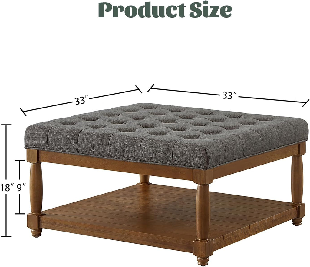 Ottoman Coffee Table, Upholstered Square Coffee Table with Storage Solid Wood Shelf, Linen Large Footrest Ottoman Pouf for Living Room, Granite