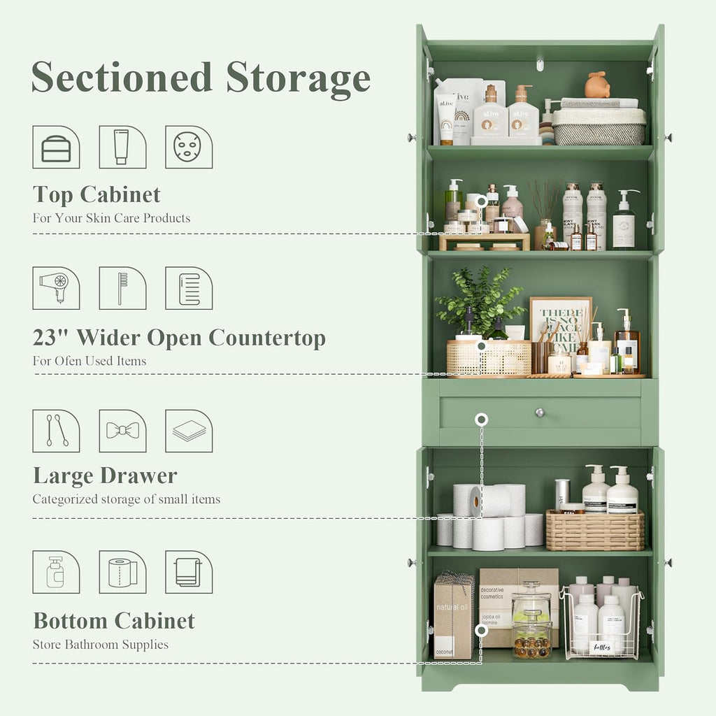 Tall Bathroom Storage Cabinets with Drawer, Modern Linen Cabinet with Doors & Shelves, 67'H Tall Storage Cabinet Freestanding for Bathroom, Dining Room, Kitchen & Pantry, Laundry, Narrow Corner, Green