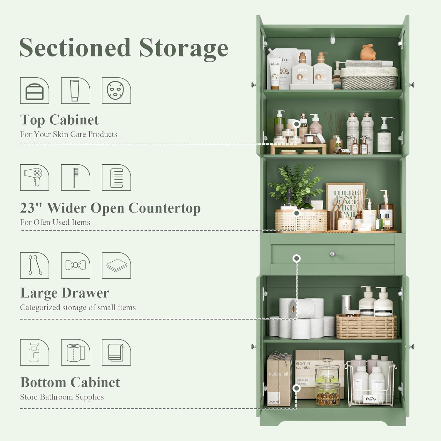 Tall Bathroom Storage Cabinets with Drawer, Modern Linen Cabinet with Doors & Shelves, 67'H Tall Storage Cabinet Freestanding for Bathroom, Dining Room, Kitchen & Pantry, Laundry, Narrow Corner, Green
