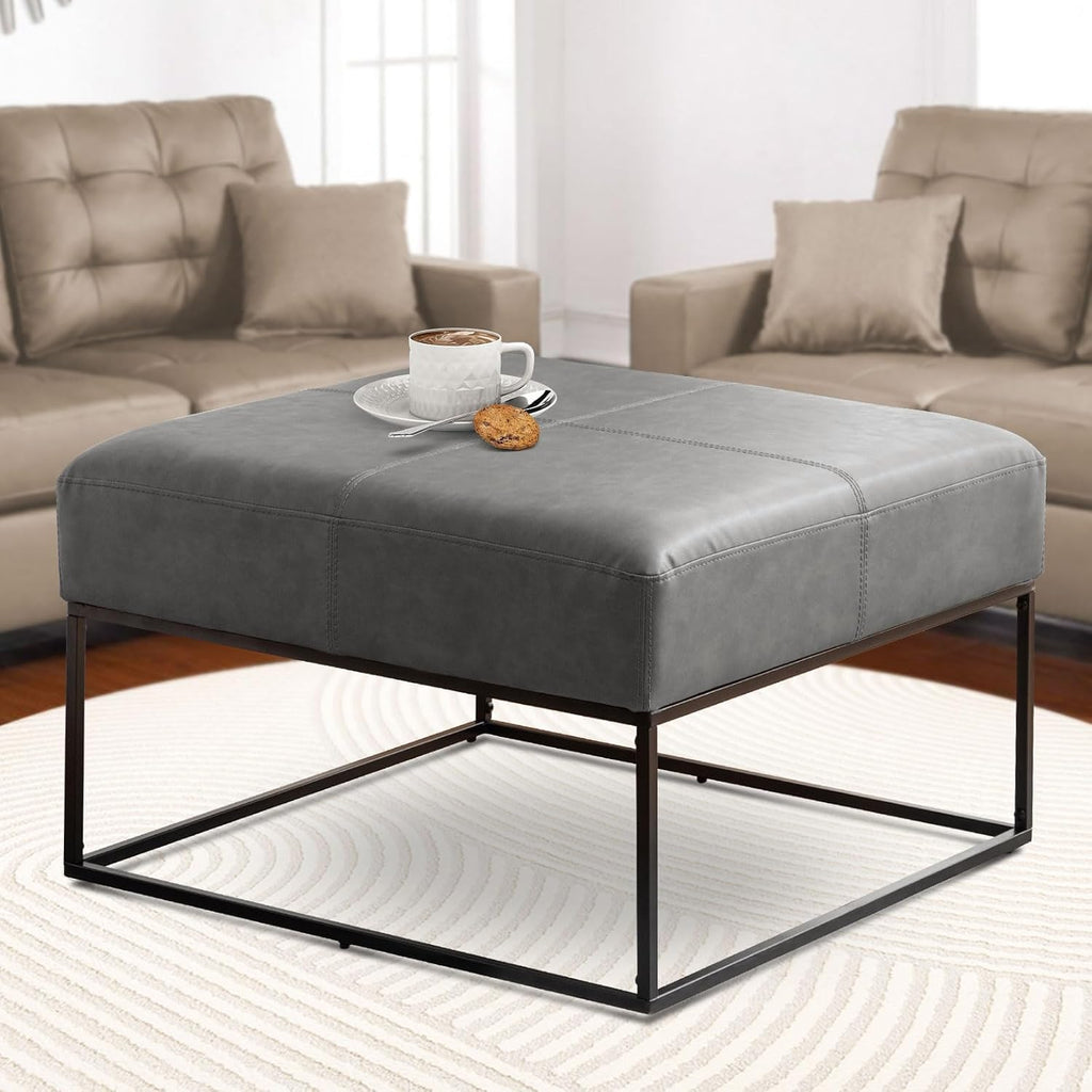 Modern Square Coffee Table, Farmhouse Ottoman for Living Room, Large Vintage Leather Coffee Tables with Leather Upholstered Padded Seat [Square, Vintage Gray, 30'']