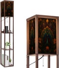 Floor Lamp with Shelves Asymmetrical Peacock Stained Glass Art Geometric Feather Design Standing Tall Lamp USB Ports & Power Outlet Modern Corner Lamp Nightstand Light for Living Room Bedroom