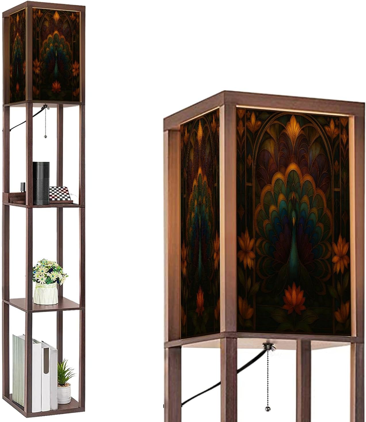 Floor Lamp with Shelves Asymmetrical Peacock Stained Glass Art Geometric Feather Design Standing Tall Lamp USB Ports & Power Outlet Modern Corner Lamp Nightstand Light for Living Room Bedroom