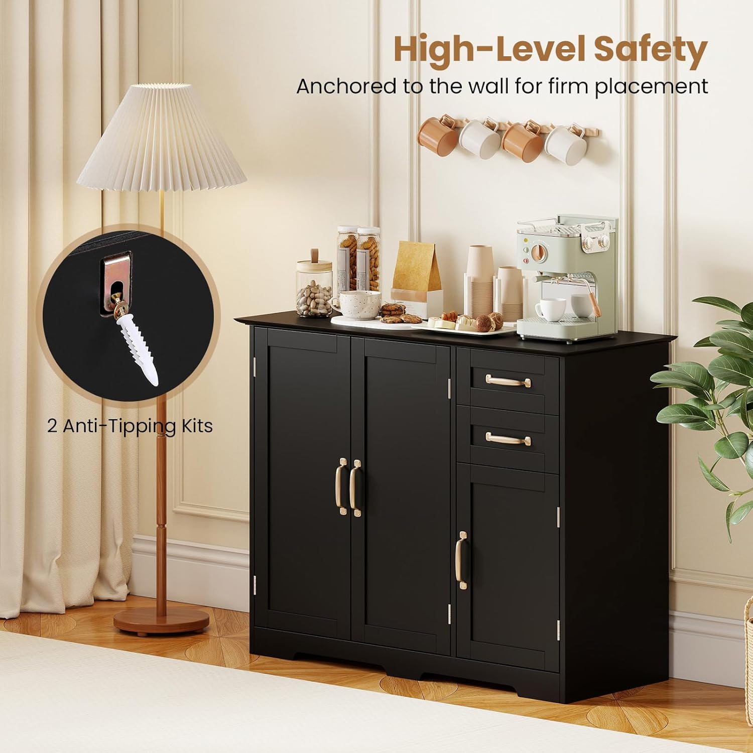 Giantex Sideboard Buffet Cabinet, Modern Sideboard Cabinet with 2 Drawers, 3 Doors & Adjustable Shelf, Wooden Coffee Station, 40'' Storage Buffet Table for Kitchen, Living Room, Entryway, Black