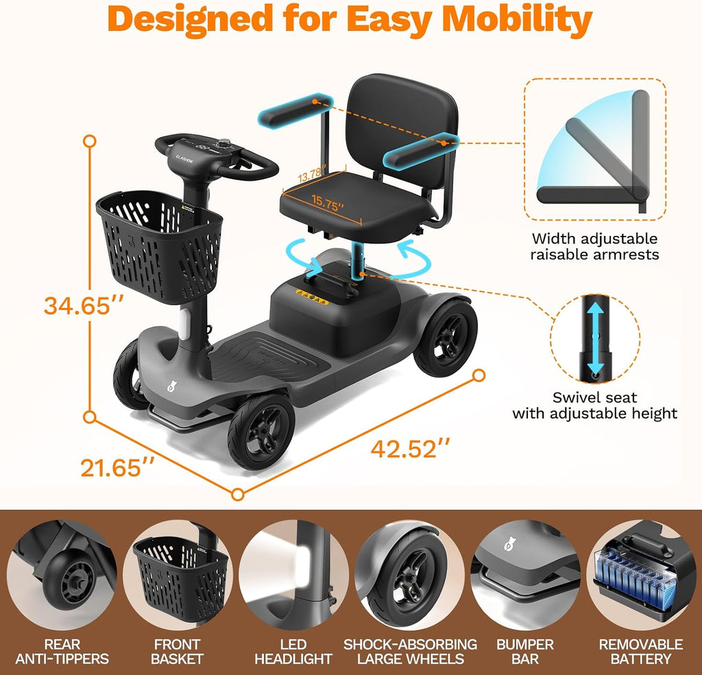 Glashow S1 Mobility Scooter for Adults, 4-Wheel Electric Mobility Scooter – 25-Mile Range, 6 mph, Smart Safety Features, Spacious Legroom, Swivel Seat, Headlight & Basket, Charger Included – Dark Gray