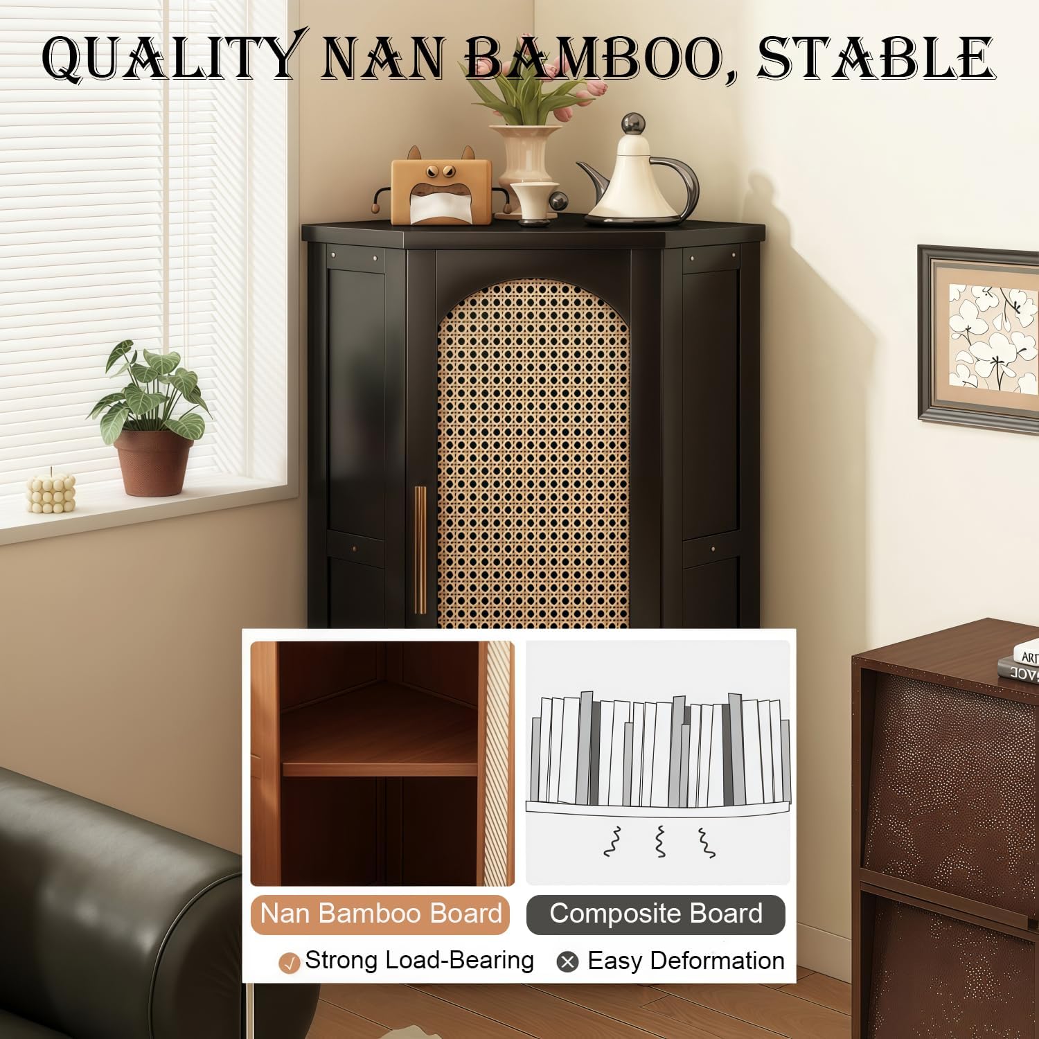 Corner Shelf, Bamboo Storage Cabinet with Woven Doors, Multi-Tier Floor Standing Organizer for Living Room, Bedroom, Study Corner (Black,15.7' L*15.7' W*39.3' H)