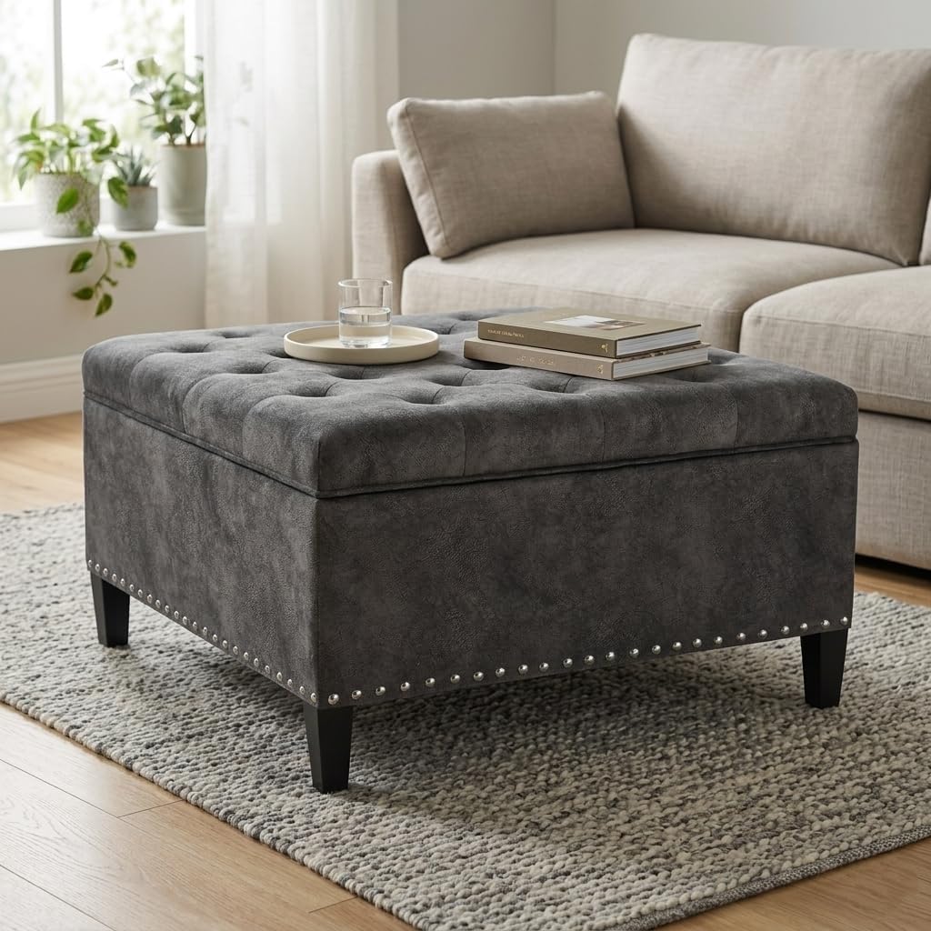 Homebeez Storage Ottoman Bench for Living Room, Tufted Square Coffee Table Footstool Footrest with Wood Legs (Grey)