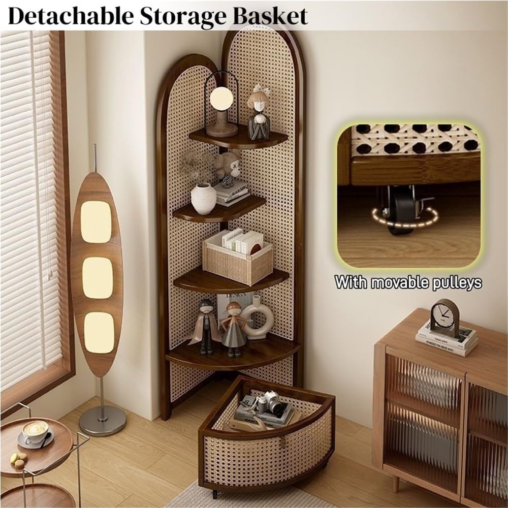 5 Tier Corner Shelf with Pulley, Rattan Bookshelf, Standing Shelf Organizer with Storage Basket, Minimalist Corner Display for Living Room, Bedroom, Office(Khaki)