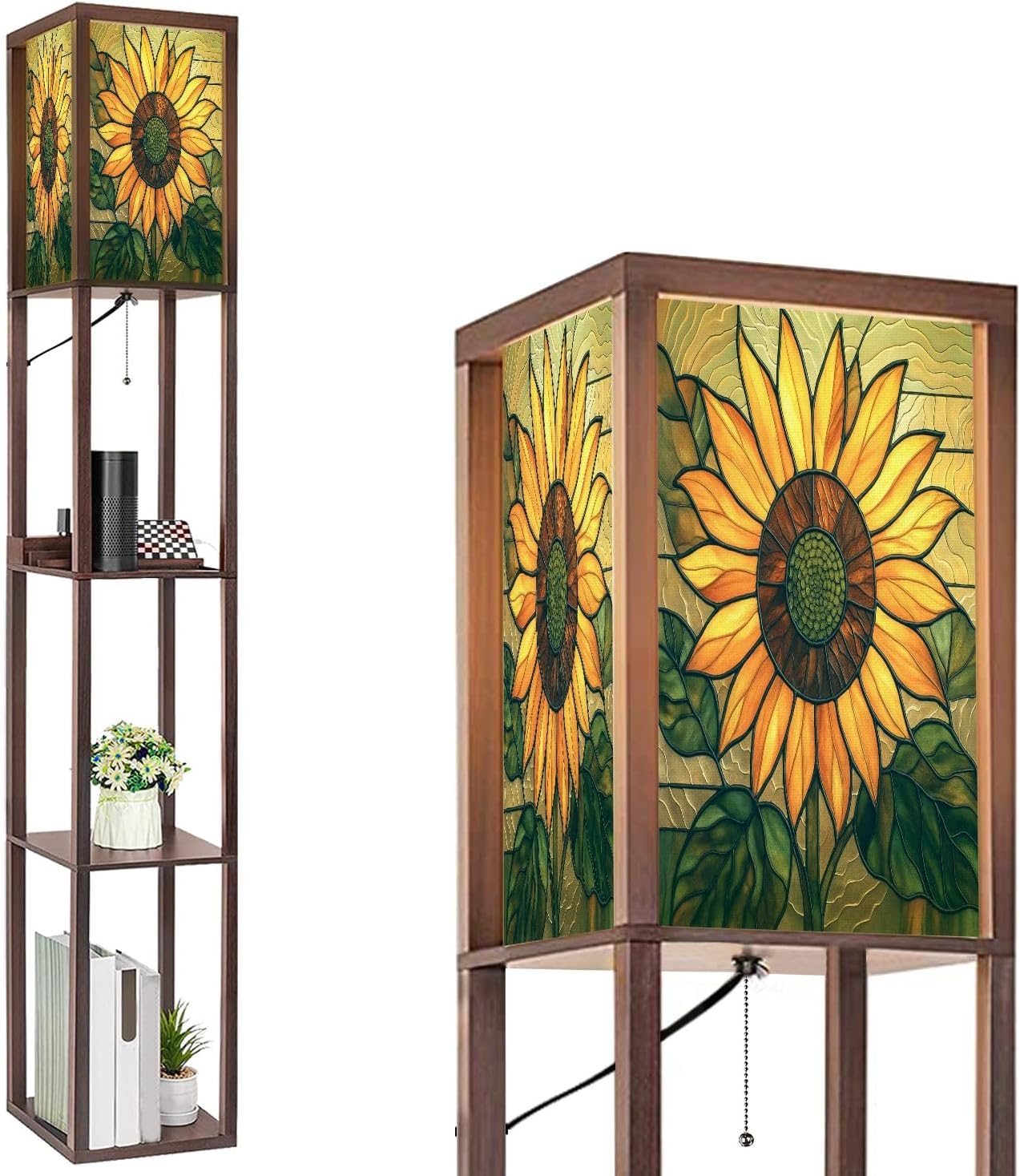 Floor Lamp with Shelves Sunflower Stained Glass Decoration Vibrant Window Art Standing Tall Lamp USB Ports & Power Outlet Modern Corner Lamp Nightstand Light for Living Room Bedroom