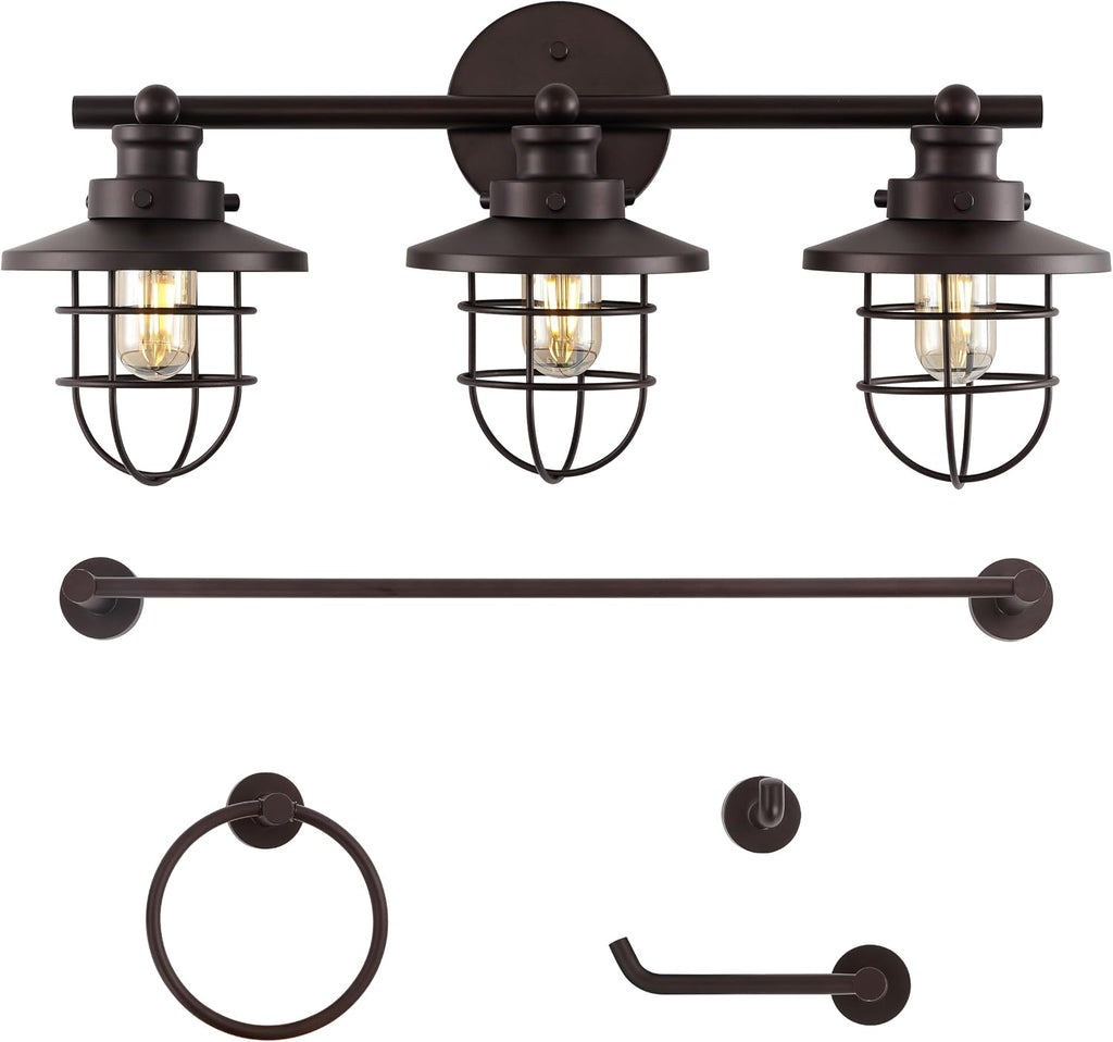 JONATHAN Y JYL1506A Ellis 24' 3-Light Industrial Farmhouse Vanity Light with Bathroom Hardware Accessory Set, Oil Rubbed Bronze (5-Piece) - Towel Bar & Ring, Toilet Paper Holder, Robe Hook