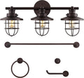 JONATHAN Y JYL1506A Ellis 24' 3-Light Industrial Farmhouse Vanity Light with Bathroom Hardware Accessory Set, Oil Rubbed Bronze (5-Piece) - Towel Bar & Ring, Toilet Paper Holder, Robe Hook