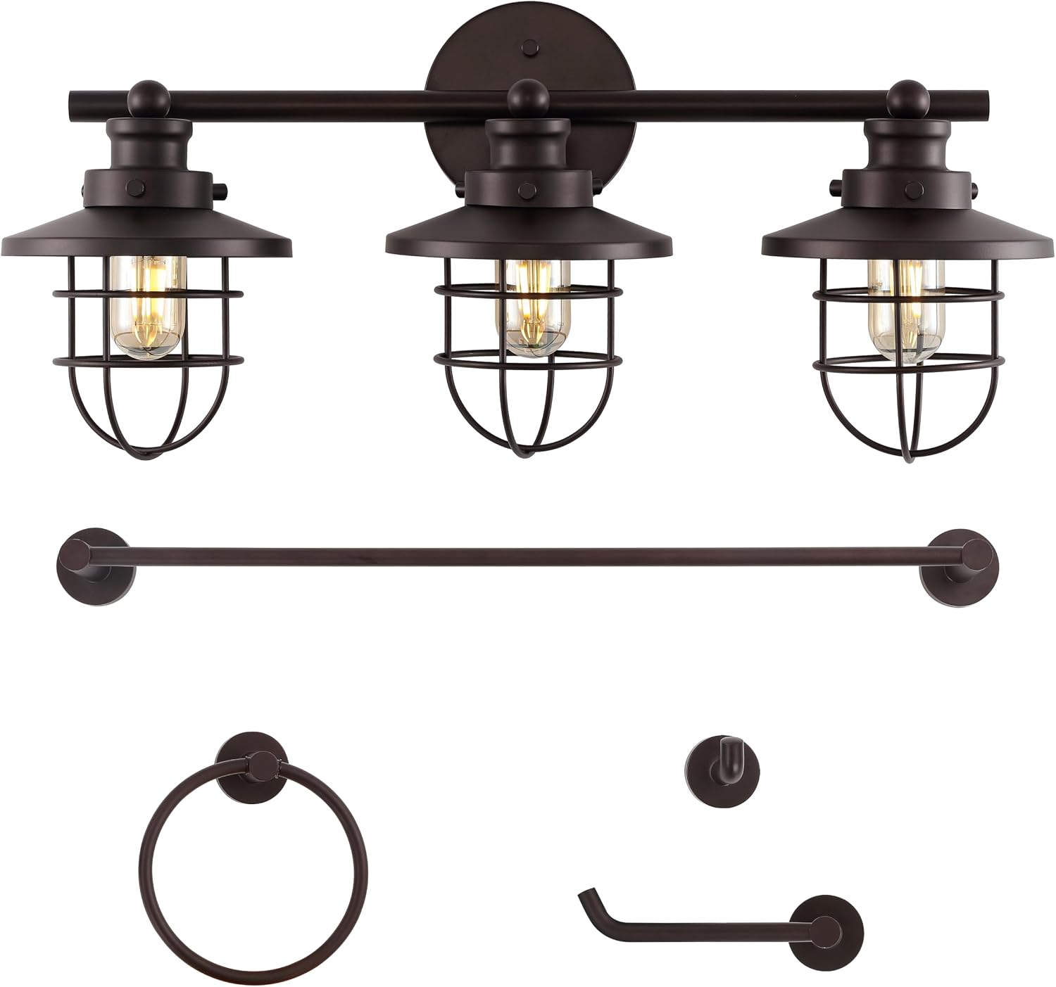 JONATHAN Y JYL1506A Ellis 24' 3-Light Industrial Farmhouse Vanity Light with Bathroom Hardware Accessory Set, Oil Rubbed Bronze (5-Piece) - Towel Bar & Ring, Toilet Paper Holder, Robe Hook