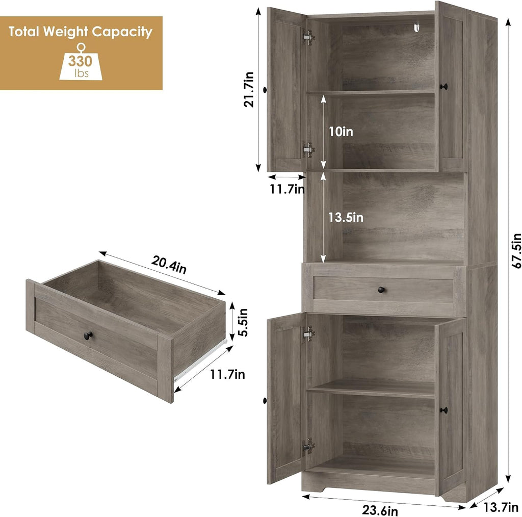 Tall Bathroom Storage Cabinets with Drawer, Farmhouse Linen Cabinet with Doors & Shelves, 67' Tall Storage Cabinet Freestanding for Bathroom, Dining Room, Kitchen, Pantry, Laundry, Narrow Corner,Brown