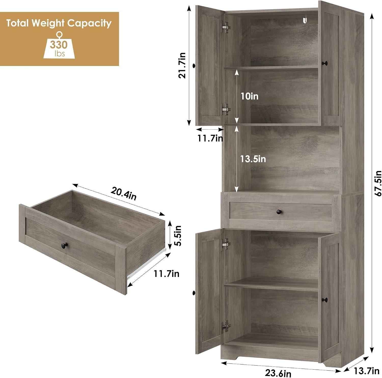 Tall Bathroom Storage Cabinets with Drawer, Farmhouse Linen Cabinet with Doors & Shelves, 67' Tall Storage Cabinet Freestanding for Bathroom, Dining Room, Kitchen, Pantry, Laundry, Narrow Corner,Brown