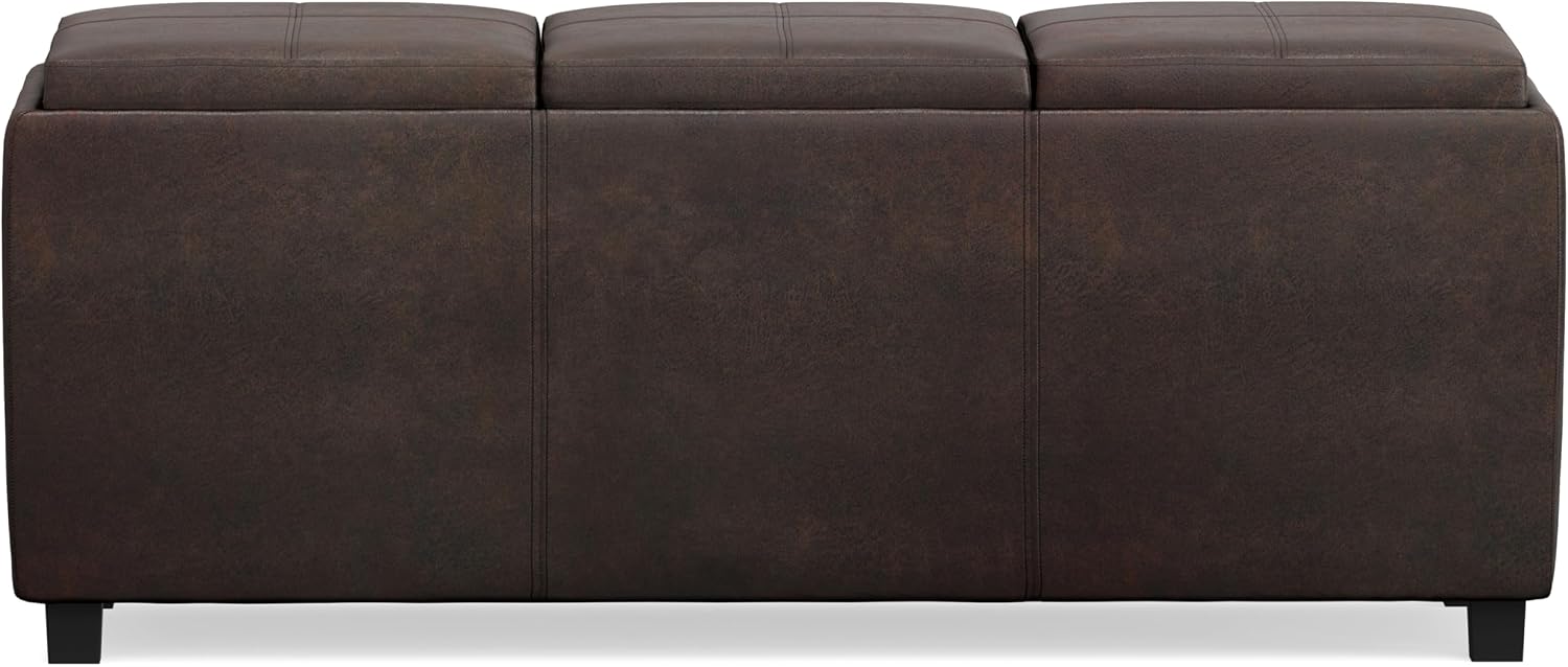 SIMPLIHOME Avalon Storage Ottoman - 42 inch Wide Upholstered Vegan Leather Rectangular Flip-Top Ottoman in Distressed Brown, Contemporary Coffee Table Ottoman for Living Room with Hidden Storage