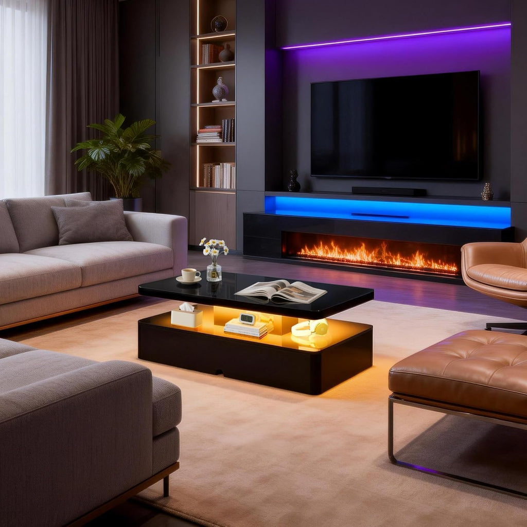 47' Modern Living Room Tables, LED Coffee Table with LED Lights, 2 Tier Rectangular Center Table with Large Storage, High Glossy Surface, Tea Table for Living Room, Black