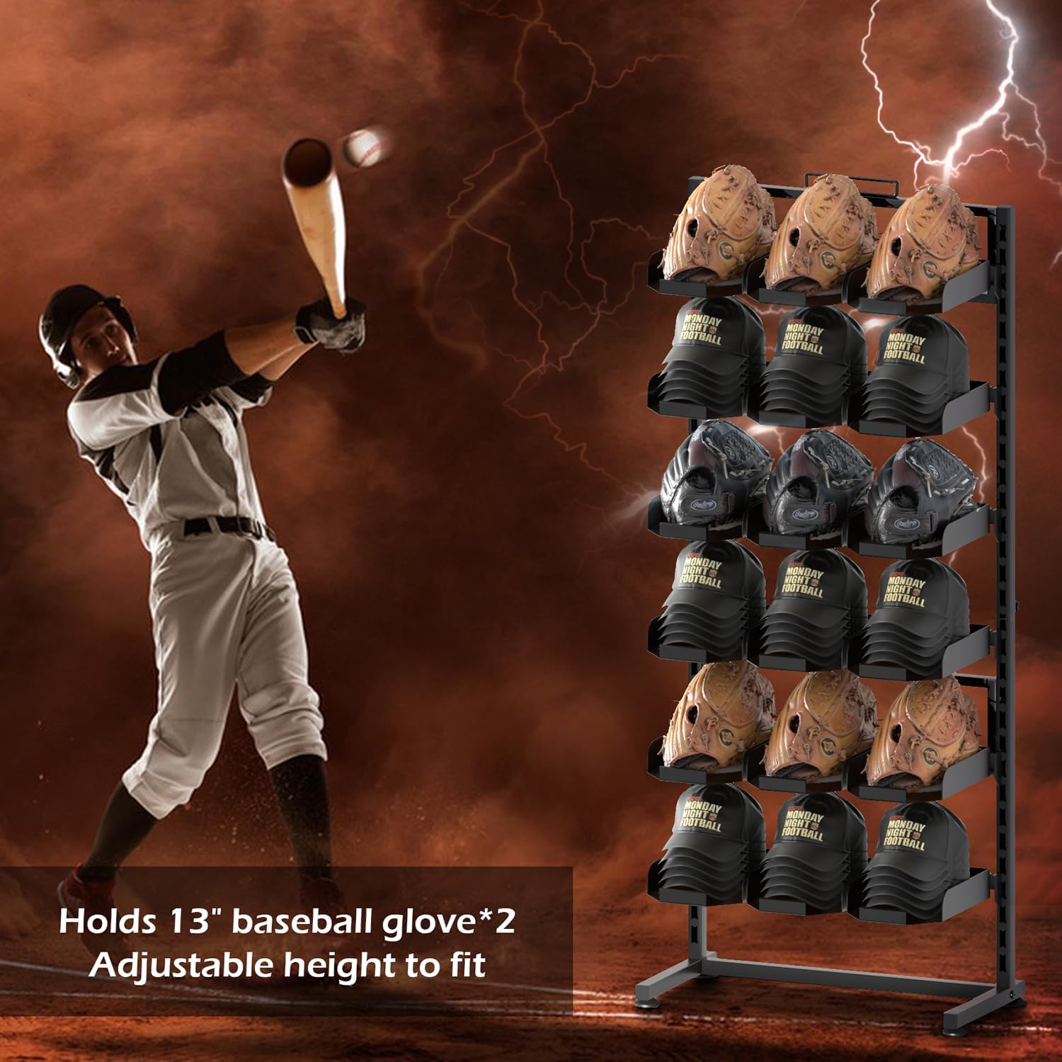 Large Hat Rack Stand - 6 Tier Adjustable Ball Cap Storage Organizer With 18 Plate Tray for 180 Baseball Hat,Standing Coat Rack, Commercial Home Use, Black Metal Shelving