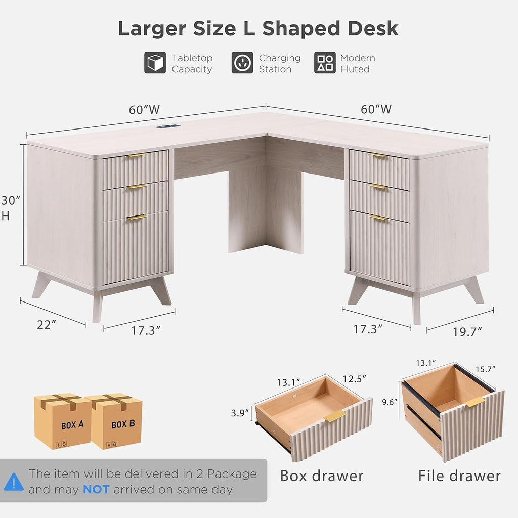 T4TREAM 60' Fluted Executive L Shaped Desk, Modern Home Office Desk with Charging Station and File Drawer, Computer Corner Desks with Drawers & Storage Cabinet for Office Home, Bedroom, Alder White