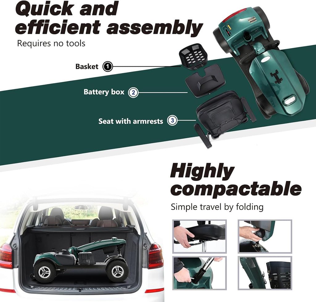 Mobility Scooters for Seniors & Adults 400 Lb Weight Foldable,All-Terrain Heavy Duty 4 Wheel Powered Scooter,Portable Disability Mobile Electric Wheelchair with Comfort Seat,15Miles,5MPH,Green