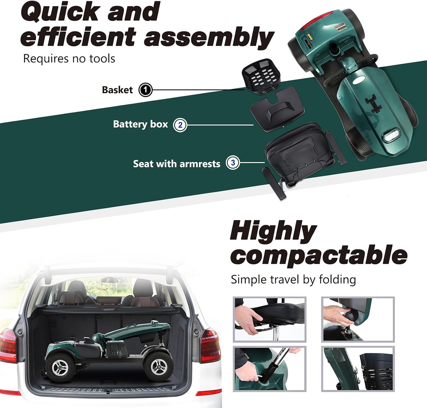 Mobility Scooters for Seniors & Adults 400 Lb Weight Foldable,All-Terrain Heavy Duty 4 Wheel Powered Scooter,Portable Disability Mobile Electric Wheelchair with Comfort Seat,15Miles,5MPH,Green