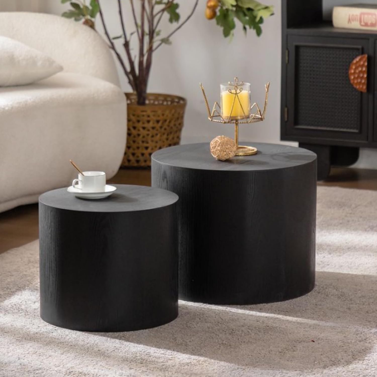 GDFStudio Round Nesting Coffee Table Set of 2, Modern Wooden Accent Side Table, Space Saving Small Circular Tea Coffee Tables and End Tables Sets for Living Room Small Space, No Assembly, Black