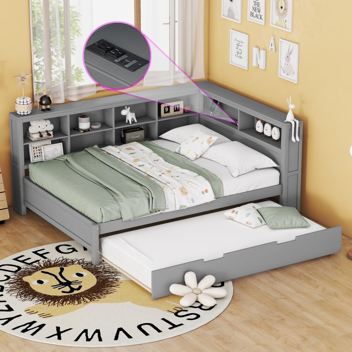 Full Size Daybed with Storage Bookcase, Twin Trundle and Charging Station, Wooden Platform Bed with Bookshelf for Kids Boys Girls, Grey