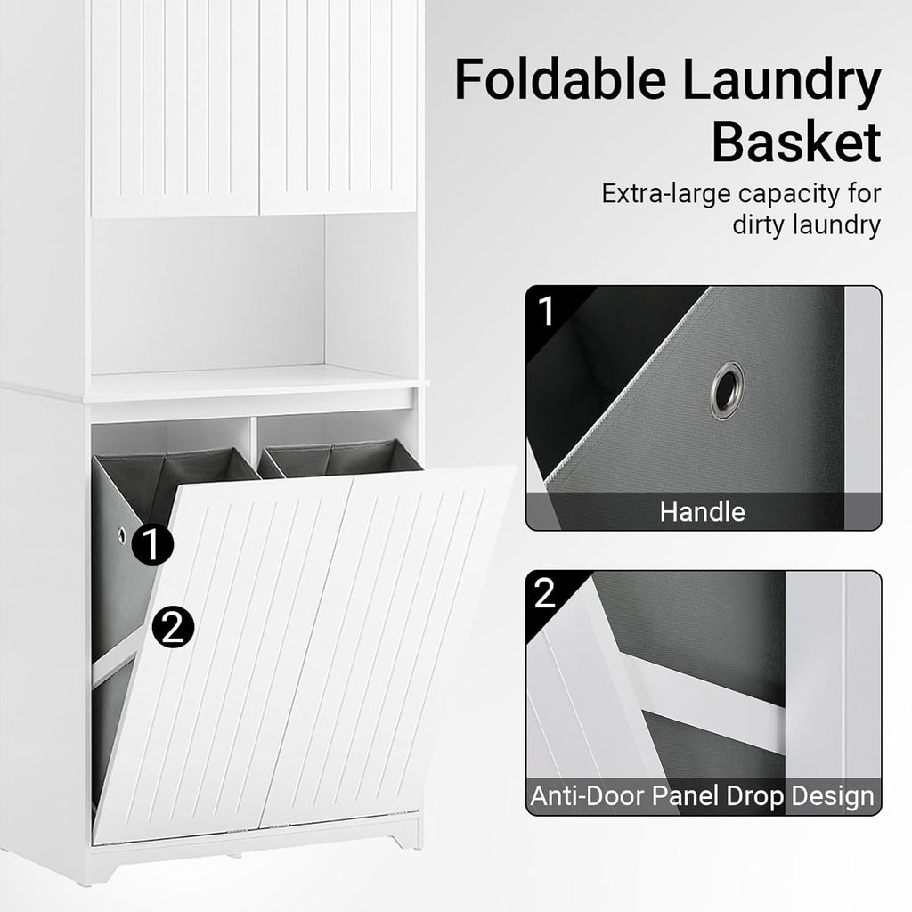 SoBuy Double Tilt Out Laundry Hamper Cabinet, Tall Bathroom Storage Cabinet with Adjustable Shelves and Hidden Pull Out Basket, Freestanding Storage Organizer for Laundry Room, White SO2-BZR150-W