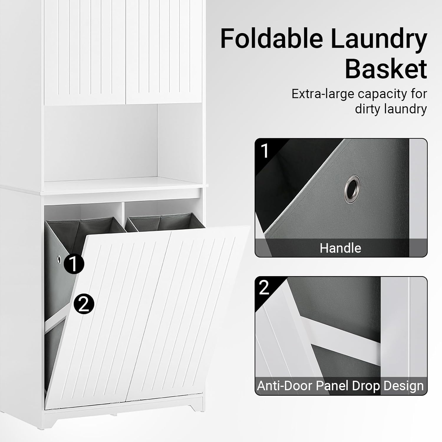 SoBuy Double Tilt Out Laundry Hamper Cabinet, Tall Bathroom Storage Cabinet with Adjustable Shelves and Hidden Pull Out Basket, Freestanding Storage Organizer for Laundry Room, White SO2-BZR150-W